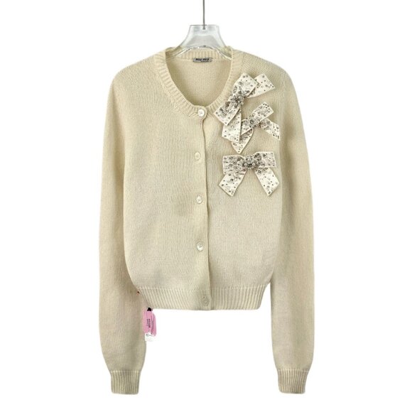 EW0214 MiuMiu Beige Bow Diamond Cashmere Single-Breasted Long-Sleeved Knitted - Picture 1 of 8